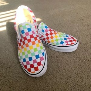 Checkered rainbow slip on vans